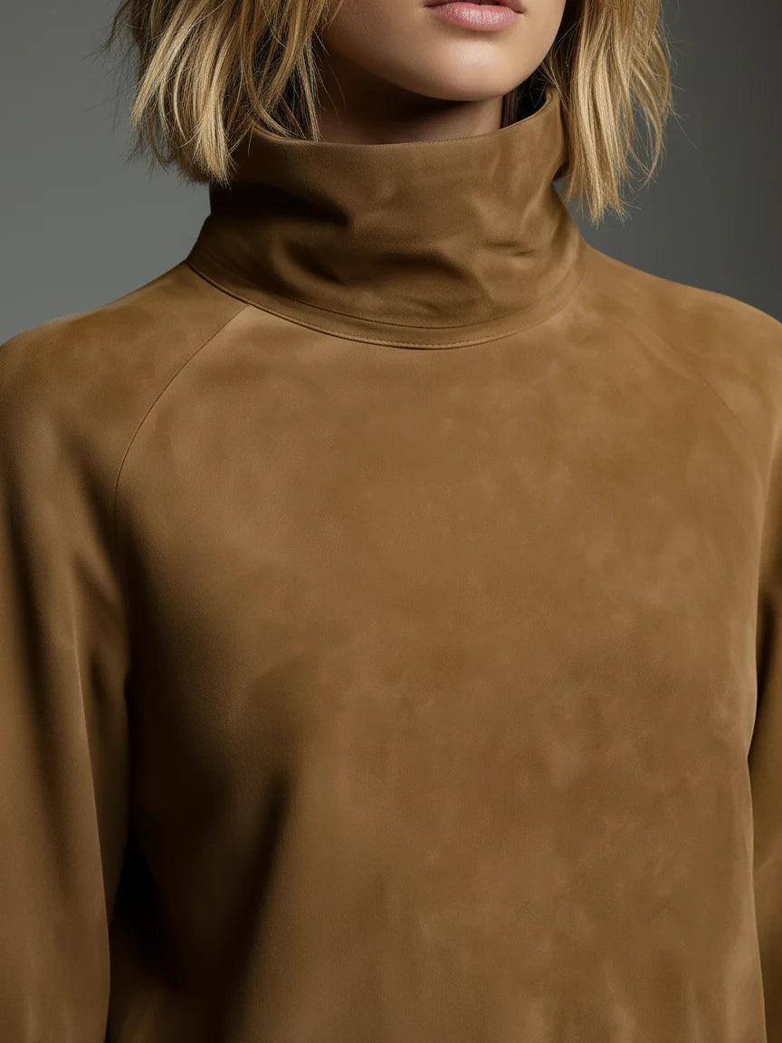 Effortless Brown Suede Mini Dress for Women with Turtleneck Long Sleeve Oversized Casual Style