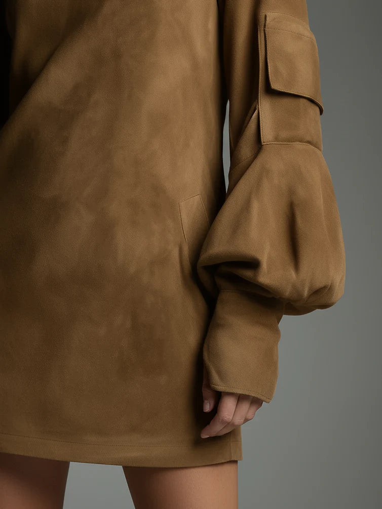 Effortless Brown Suede Mini Dress for Women with Turtleneck Long Sleeve Oversized Casual Style