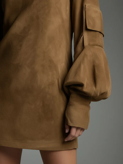 Effortless Brown Suede Mini Dress for Women with Turtleneck Long Sleeve Oversized Casual Style