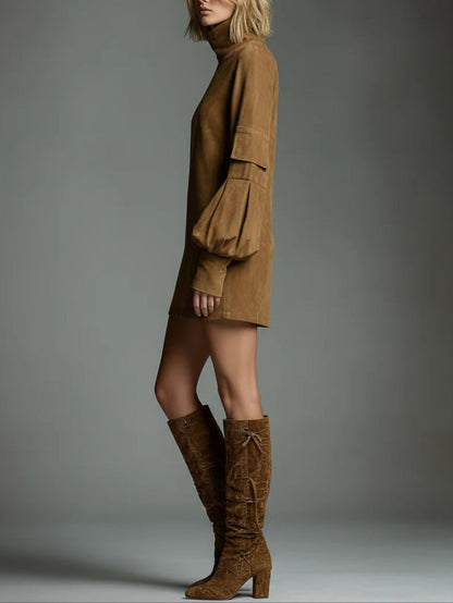 Effortless Brown Suede Mini Dress for Women with Turtleneck Long Sleeve Oversized Casual Style