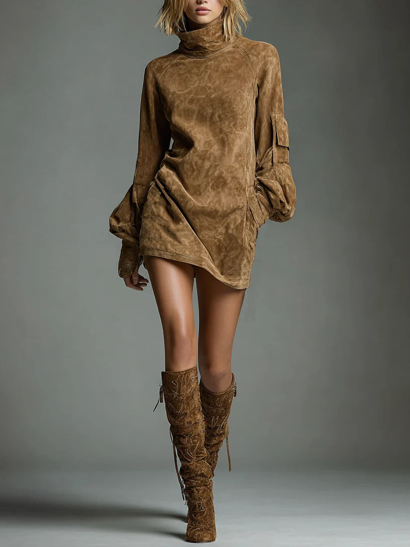 Effortless Brown Suede Mini Dress for Women with Turtleneck Long Sleeve Oversized Casual Style