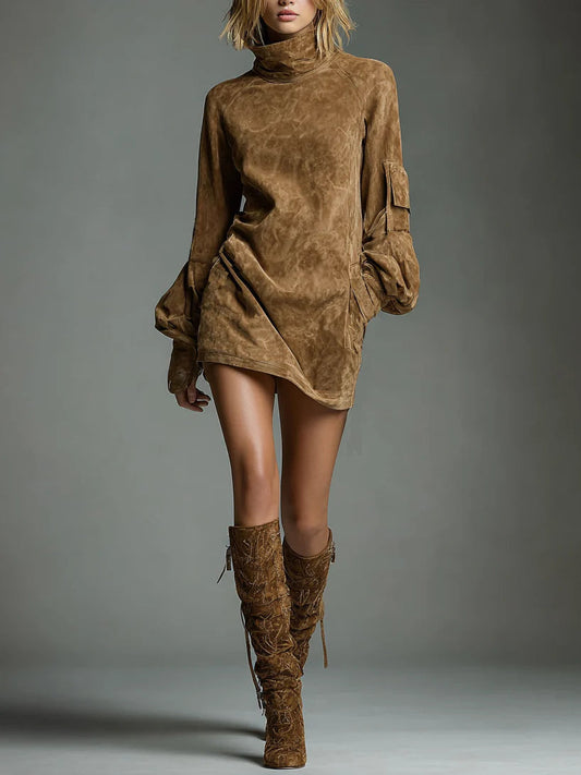 Effortless Brown Suede Mini Dress for Women with Turtleneck Long Sleeve Oversized Casual Style