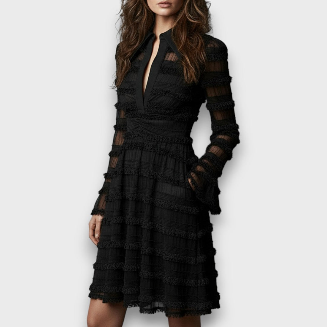 Effortless Black Dress for Women with V Neck Long Sleeve