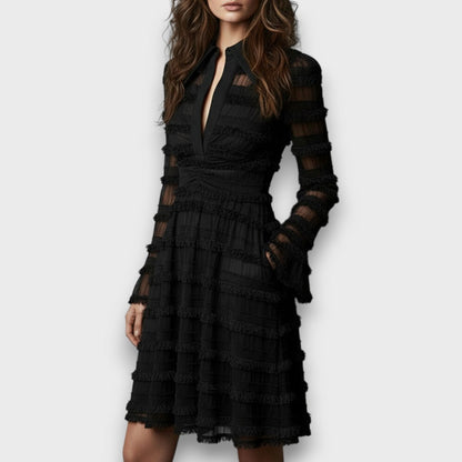 Effortless Black Dress for Women with V Neck Long Sleeve