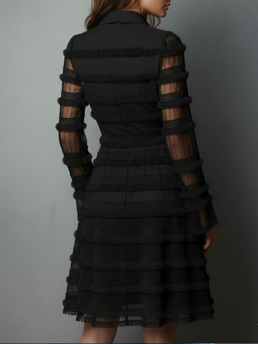 Elegant Black Mini Dress for Women with V Neck Long Sleeve Fringe Layered Sheer Cocktail Style