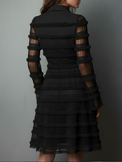 Elegant Black Mini Dress for Women with V Neck Long Sleeve Fringe Layered Sheer Cocktail Style