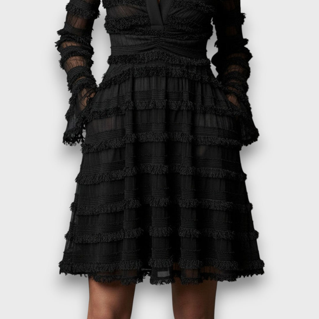 Effortless Black Dress for Women with V Neck Long Sleeve