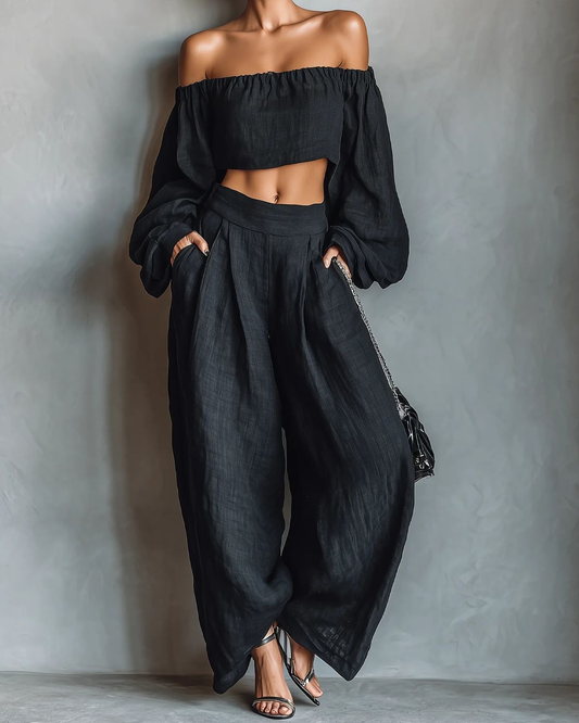 Stylish Black Two Piece Set for Women with Off Shoulder Crop Top Long Sleeve Wide Leg Pants Casual Style