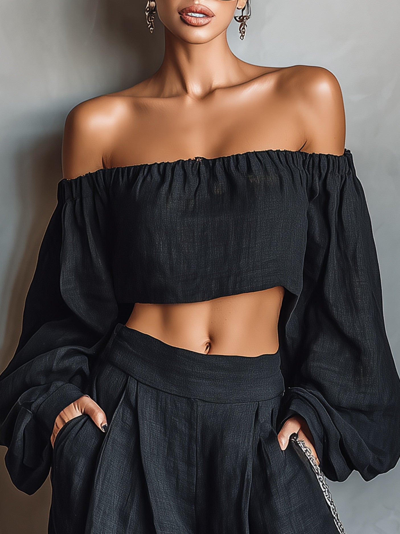 Stylish Black Two Piece Set for Women with Off Shoulder Crop Top Long Sleeve Wide Leg Pants Casual Style