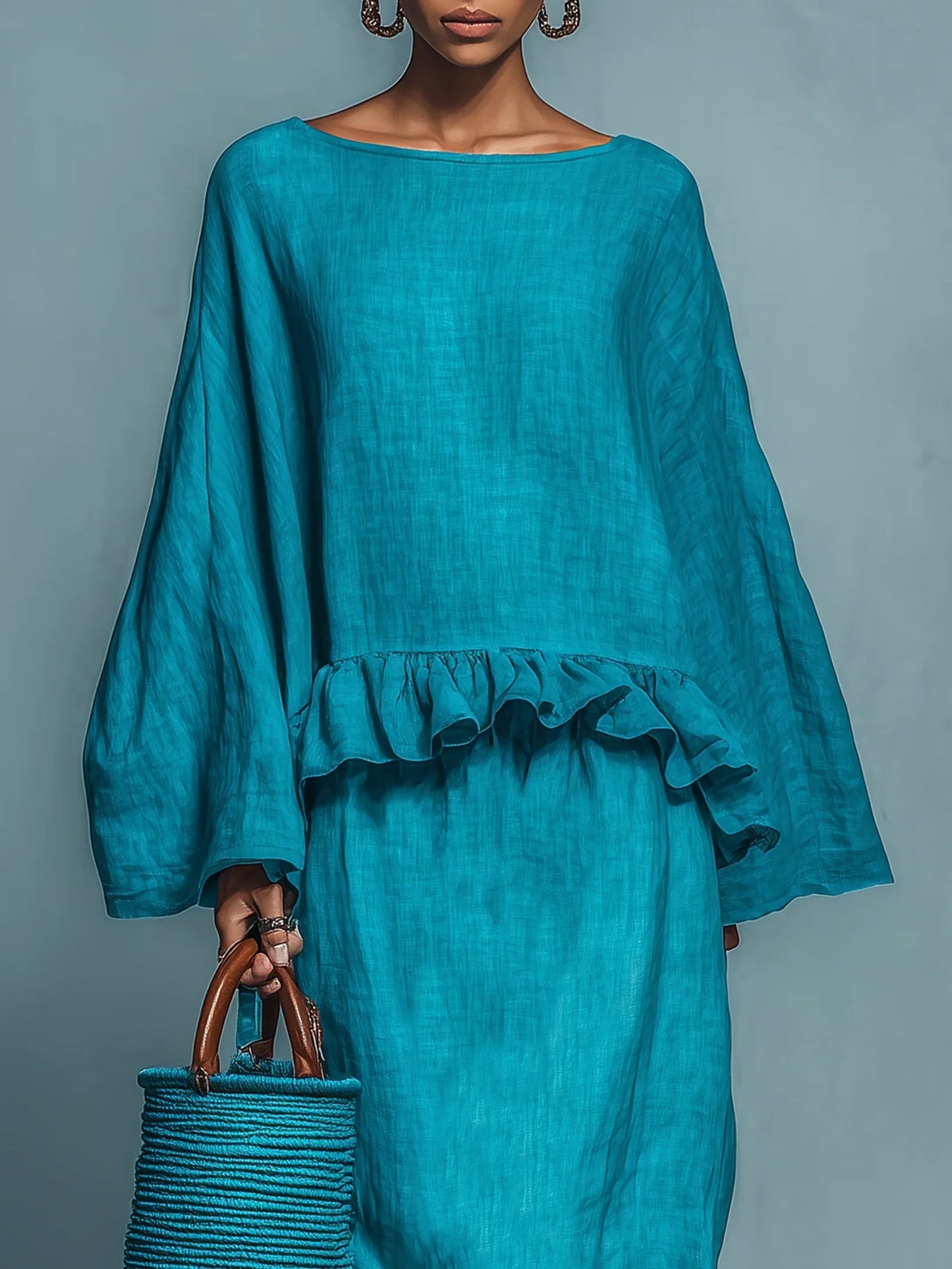 Effortless Two Piece Set for Women with Linen Ruffle Hem Blouse Long Sleeve Straight Midi Skirt Casual Style