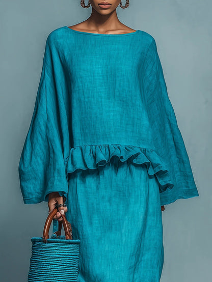 Effortless Two Piece Set for Women with Linen Ruffle Hem Blouse Long Sleeve Straight Midi Skirt Casual Style