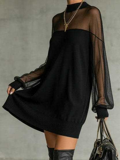 Elegant Black Mini Dress for Women with High Neck Sheer Mesh Sleeve Oversized Casual Style