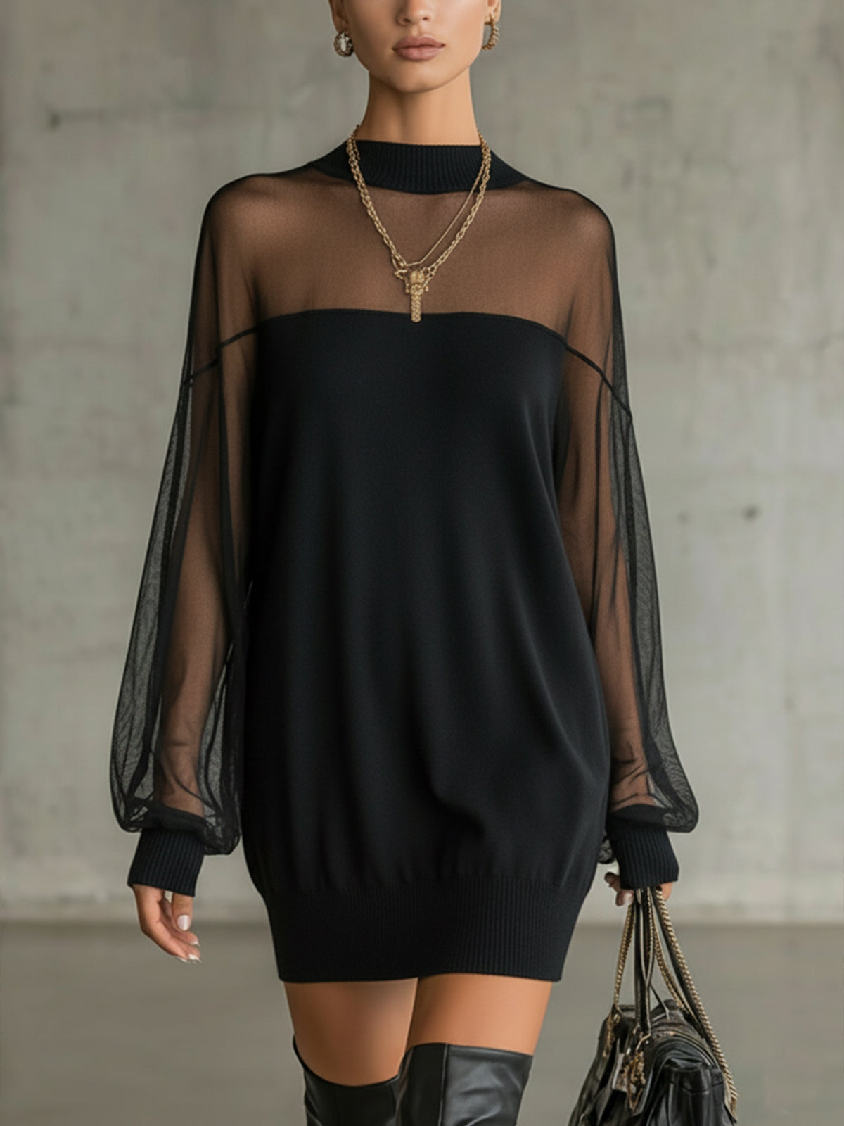 Elegant Black Mini Dress for Women with High Neck Sheer Mesh Sleeve Oversized Casual Style