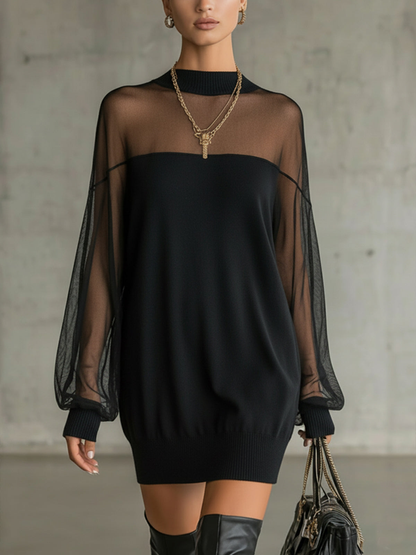 Elegant Black Mini Dress for Women with High Neck Sheer Mesh Sleeve Oversized Casual Style