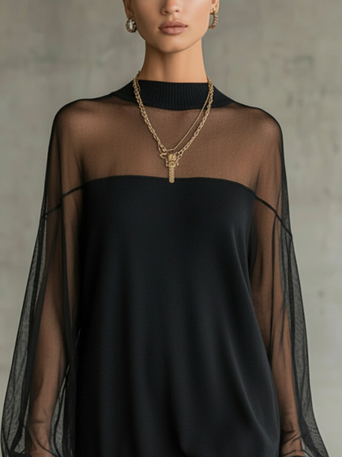 Elegant Black Mini Dress for Women with High Neck Sheer Mesh Sleeve Oversized Casual Style