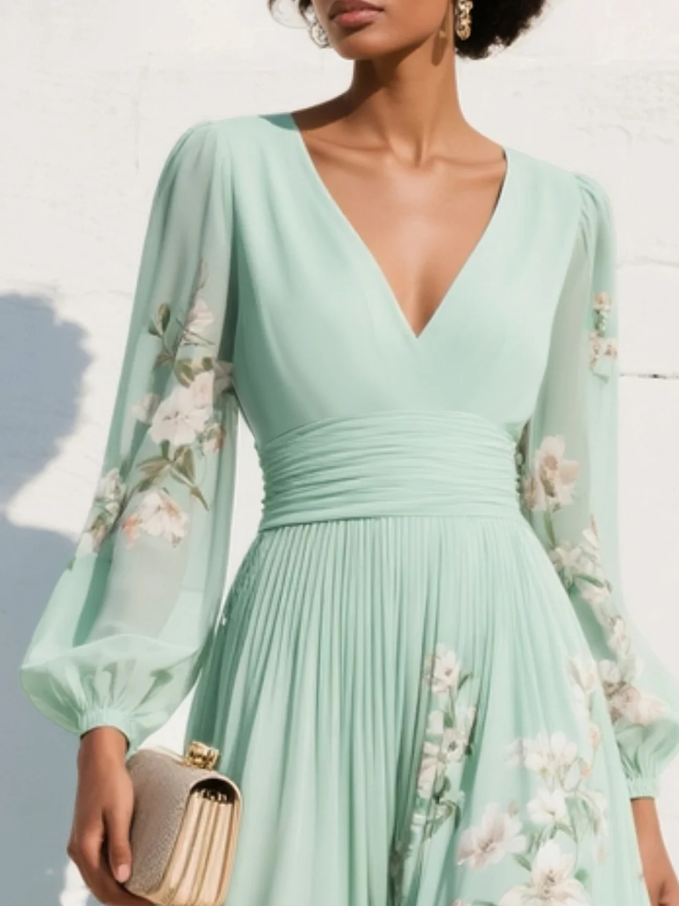 Effortless Light Green Floral Chiffon Midi Dress for Women with V Neck