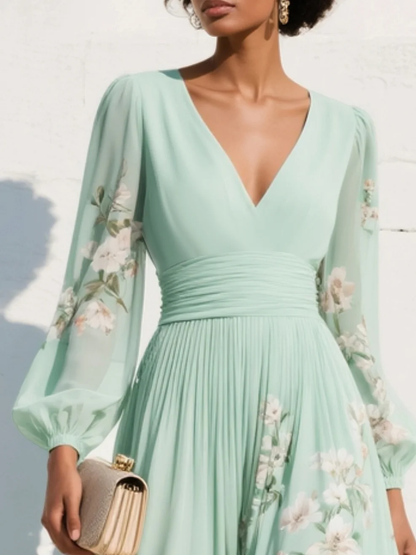 Effortless Light Green Floral Chiffon Midi Dress for Women with V Neck