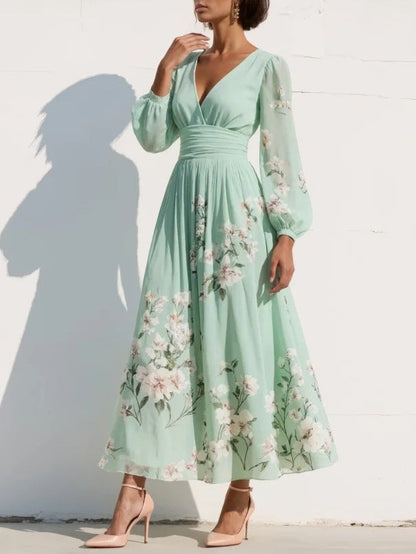 Effortless Light Green Floral Chiffon Midi Dress for Women with V Neck