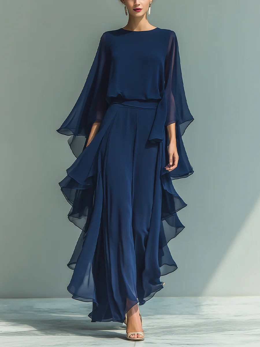 Comfortable Blue Two Piece Set for Women with Cape Sleeve