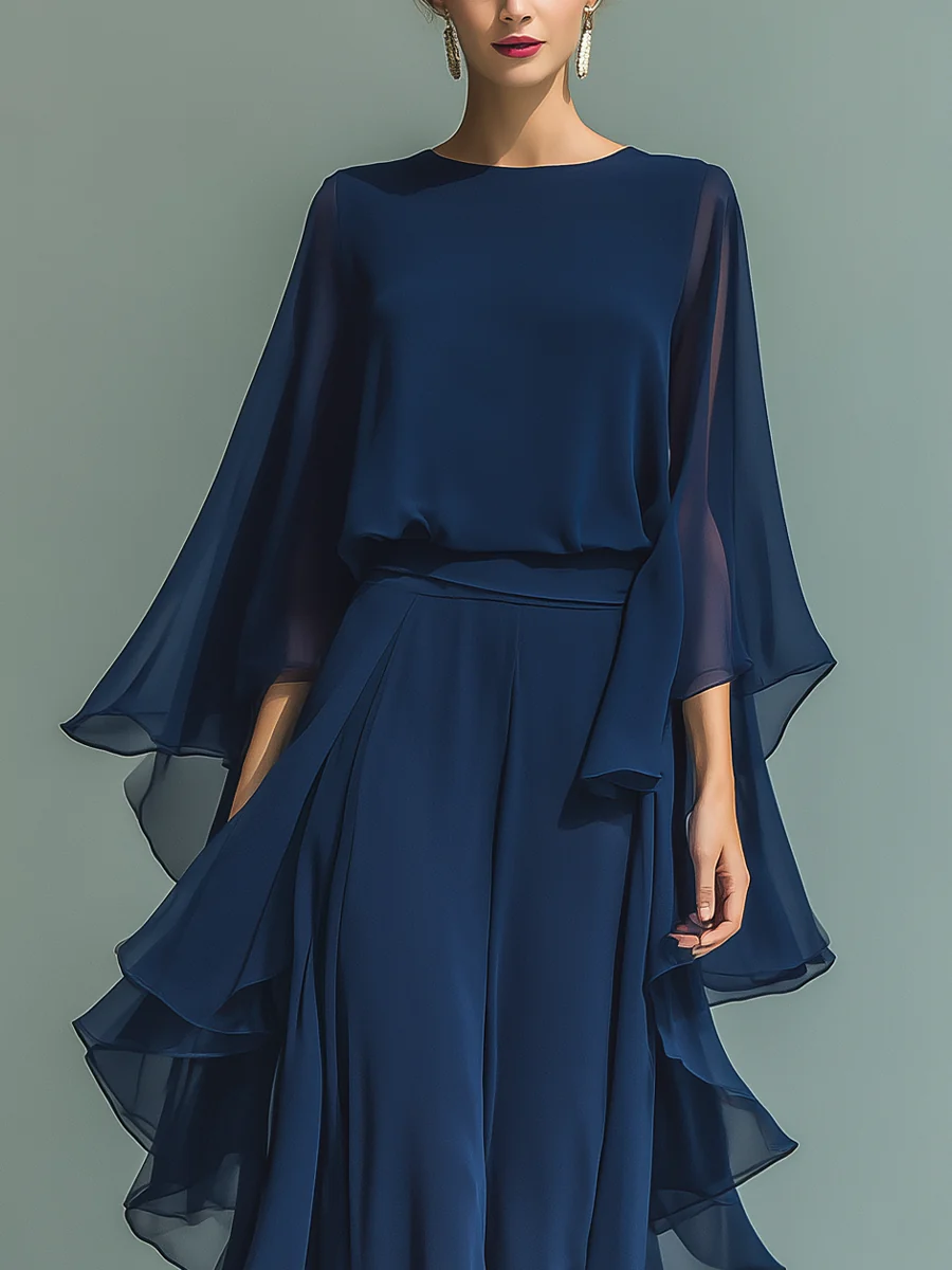 Comfortable Blue Two Piece Set for Women with Cape Sleeve