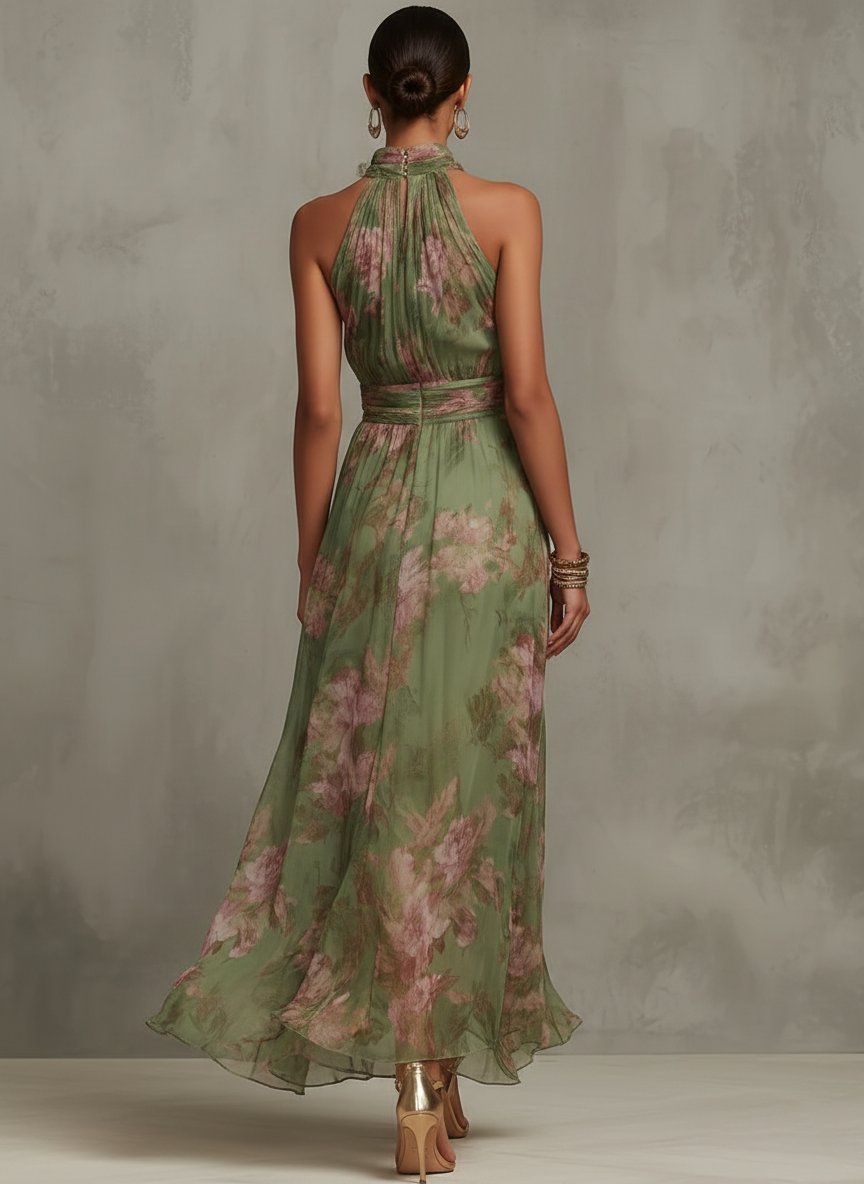 Elegant Green Floral Chiffon Halter Maxi Dress for Women with High Neck Sleeveless Formal Style