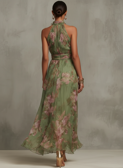 Elegant Green Floral Chiffon Halter Maxi Dress for Women with High Neck Sleeveless Formal Style