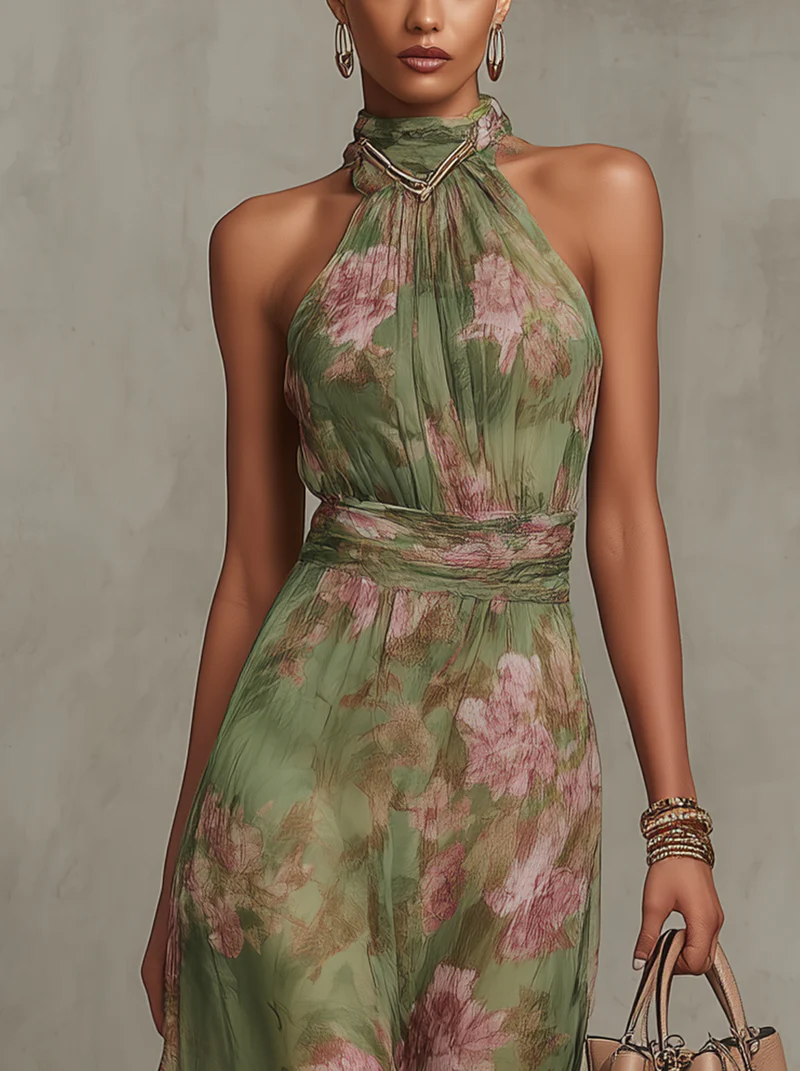 Elegant Green Floral Chiffon Halter Maxi Dress for Women with High Neck Sleeveless Formal Style