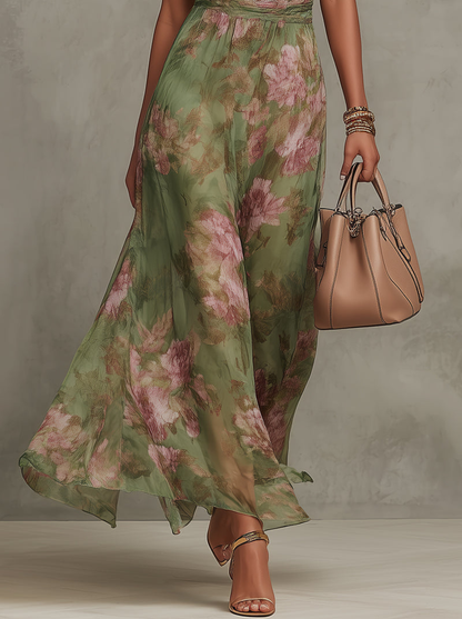 Elegant Green Floral Chiffon Halter Maxi Dress for Women with High Neck Sleeveless Formal Style