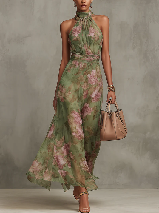 Elegant Green Floral Chiffon Halter Maxi Dress for Women with High Neck Sleeveless Formal Style