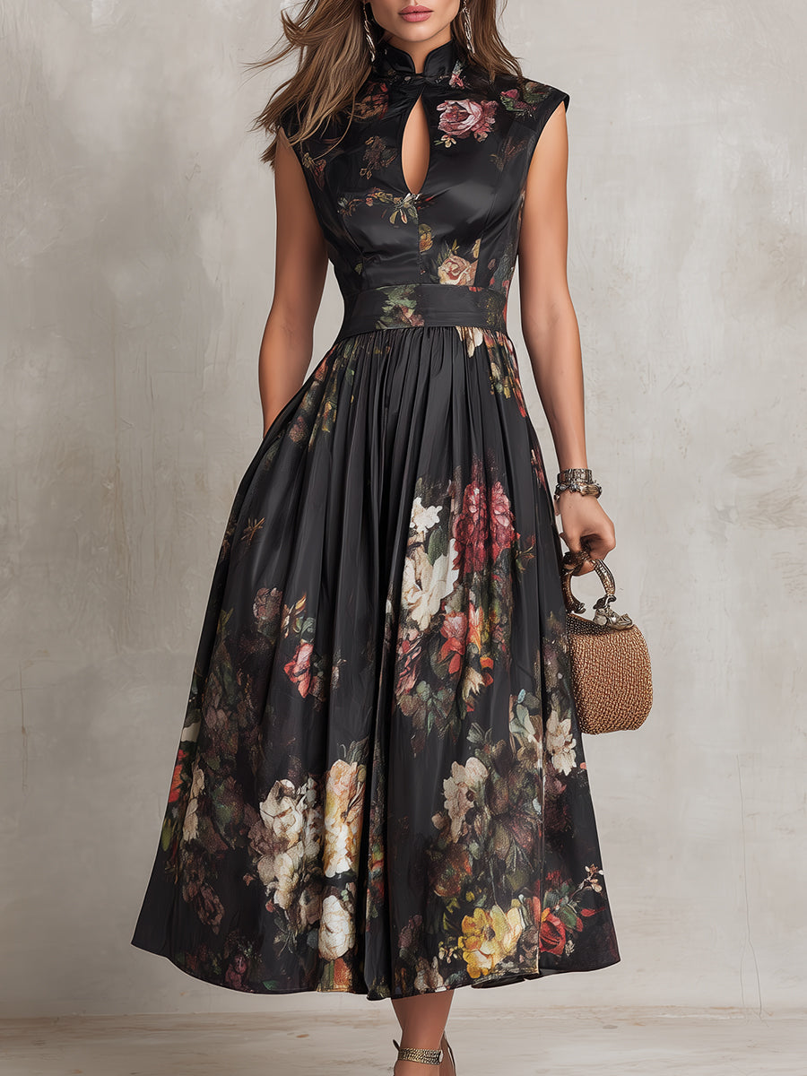 Elegant Black Floral Satin Midi Dress for Women with Keyhole Collar Pleated Skirt Semi Formal Style