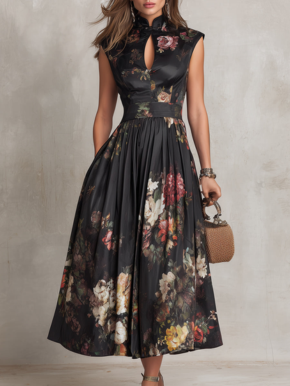 Elegant Black Floral Satin Midi Dress for Women with Keyhole Collar Pleated Skirt Semi Formal Style