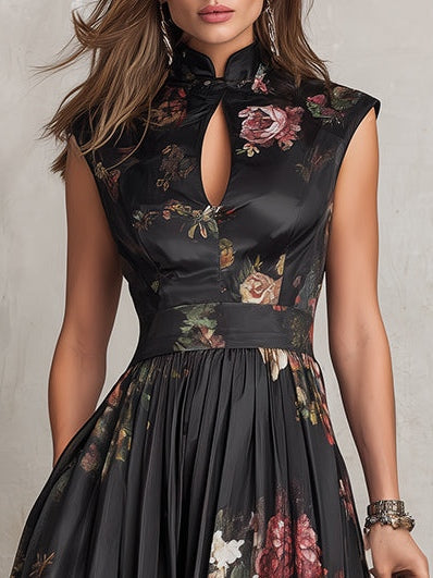 Elegant Black Floral Satin Midi Dress for Women with Keyhole Collar Pleated Skirt Semi Formal Style