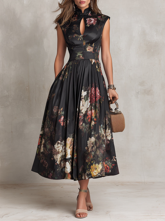 Elegant Black Floral Satin Midi Dress for Women with Keyhole Collar Pleated Skirt Semi Formal Style