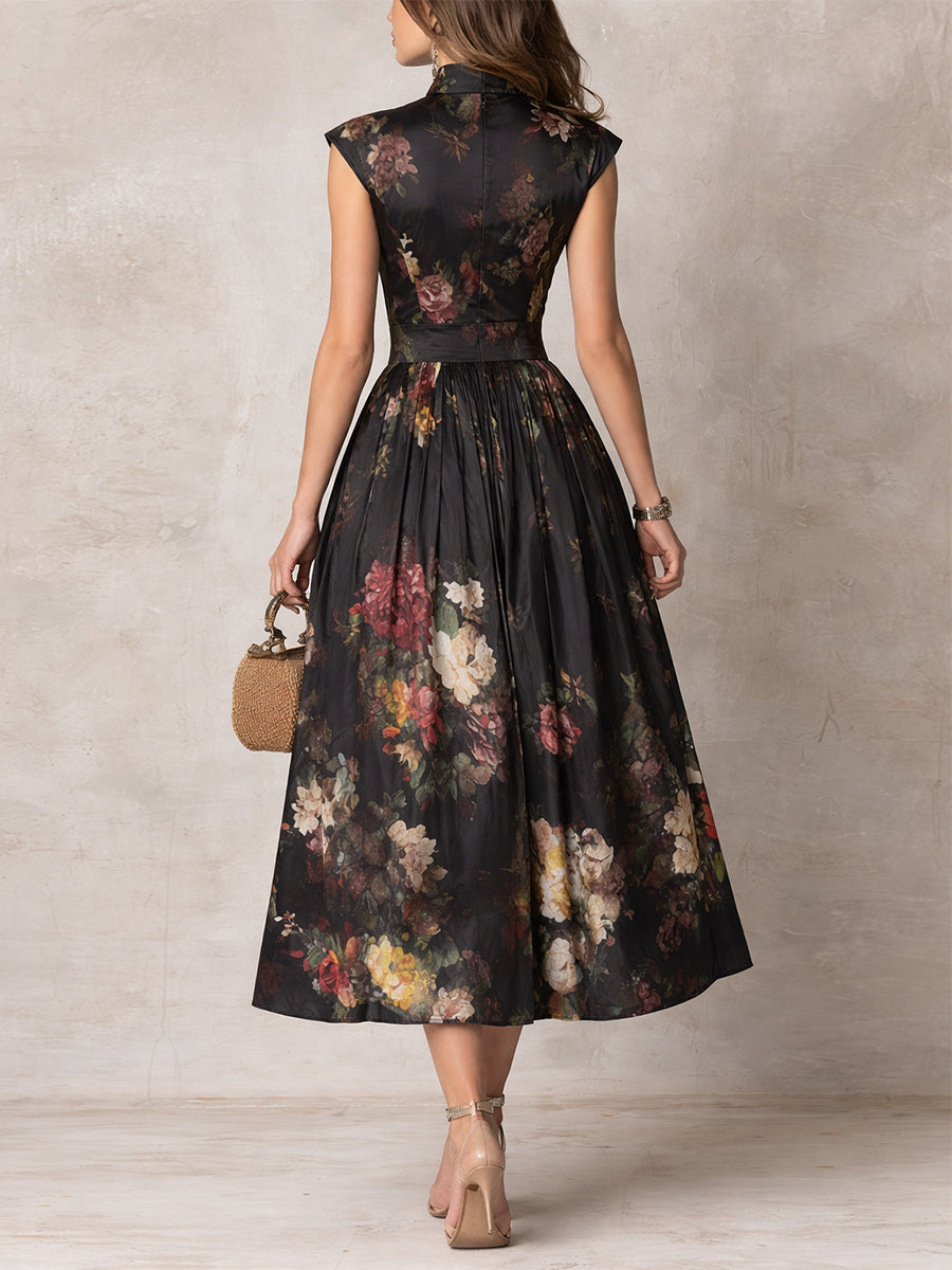 Elegant Black Floral Satin Midi Dress for Women with Keyhole Collar Pleated Skirt Semi Formal Style