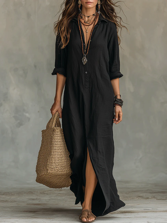 Effortless Shirt Dress for Women with Collar Button Down Long Sleeve Loose Fit Casual Maxi Style