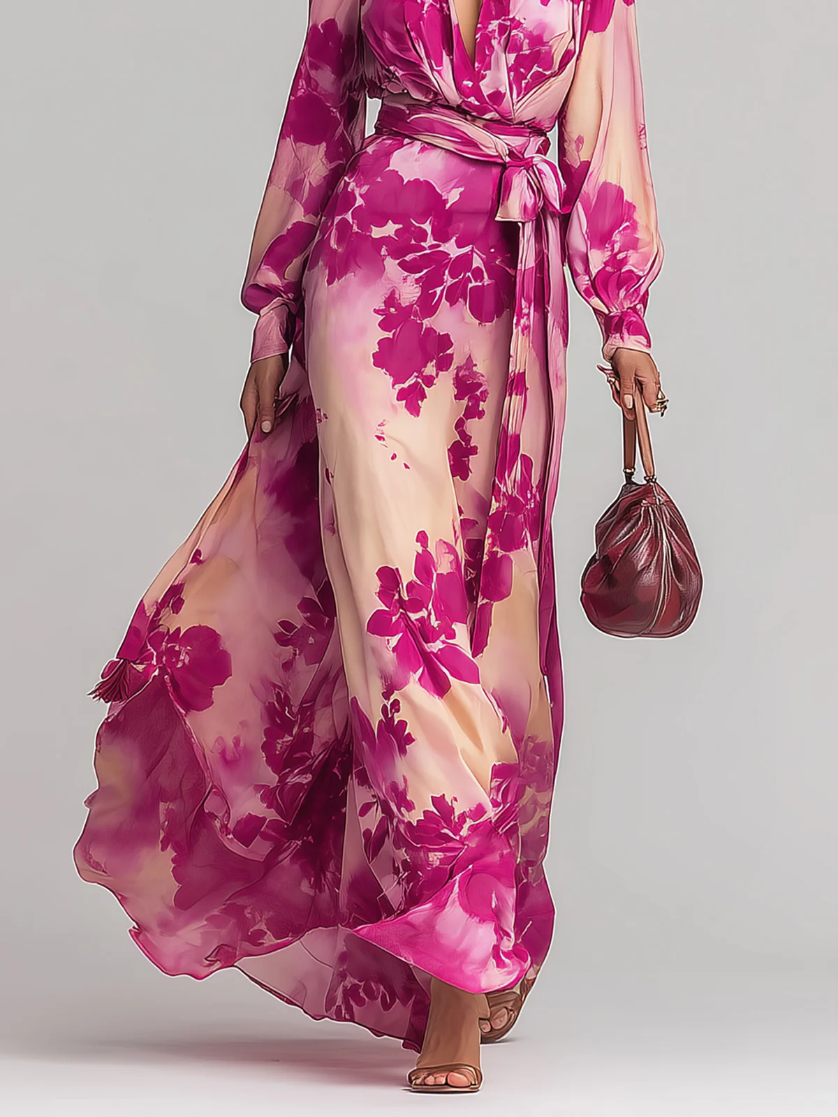 Elegant Pink Dresses for Women with Floral Print V-Neck Belted Wrap Long Sleeve Formal Maxi Style