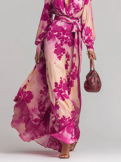 Elegant Pink Dresses for Women with Floral Print V-Neck Belted Wrap Long Sleeve Formal Maxi Style