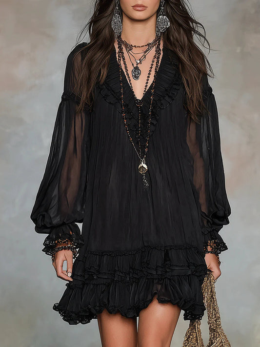 Elegant Black Chiffon Mini Dress for Women with Deep V Neck Lantern Sleeve Ruffle Casual Style