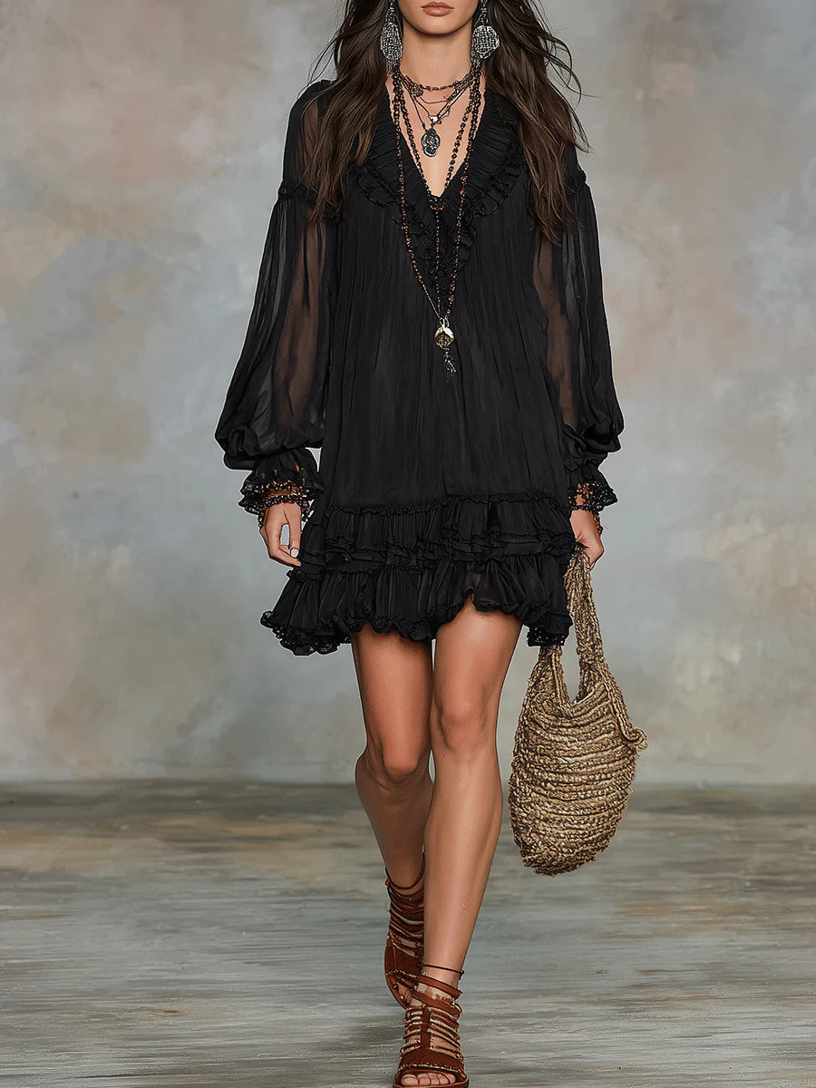 Elegant Black Chiffon Mini Dress for Women with Deep V Neck Lantern Sleeve Ruffle Casual Style