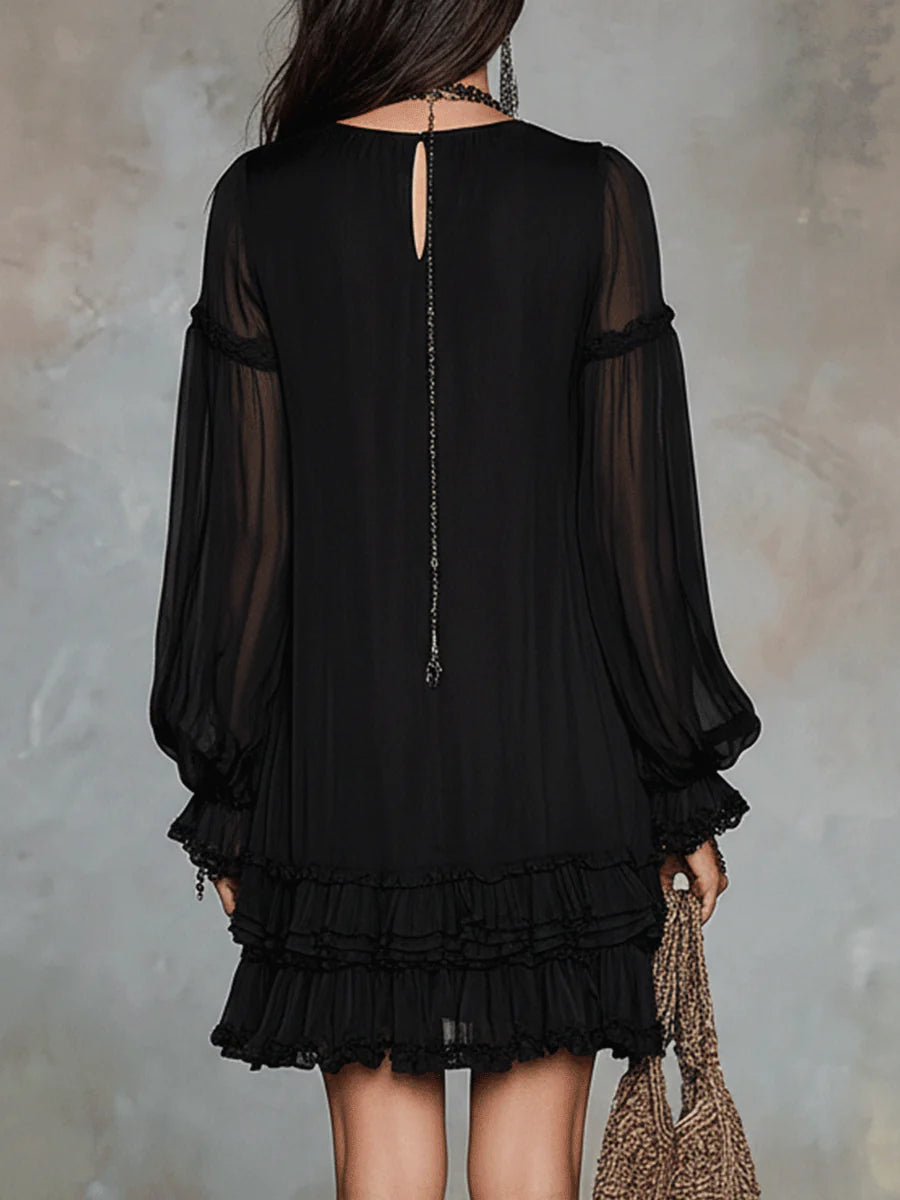 Elegant Black Chiffon Mini Dress for Women with Deep V Neck Lantern Sleeve Ruffle Casual Style