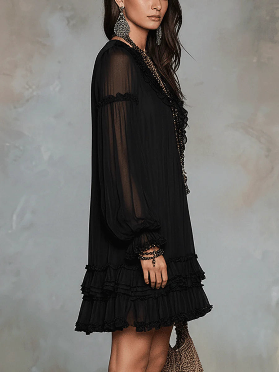 Elegant Black Chiffon Mini Dress for Women with Deep V Neck Lantern Sleeve Ruffle Casual Style
