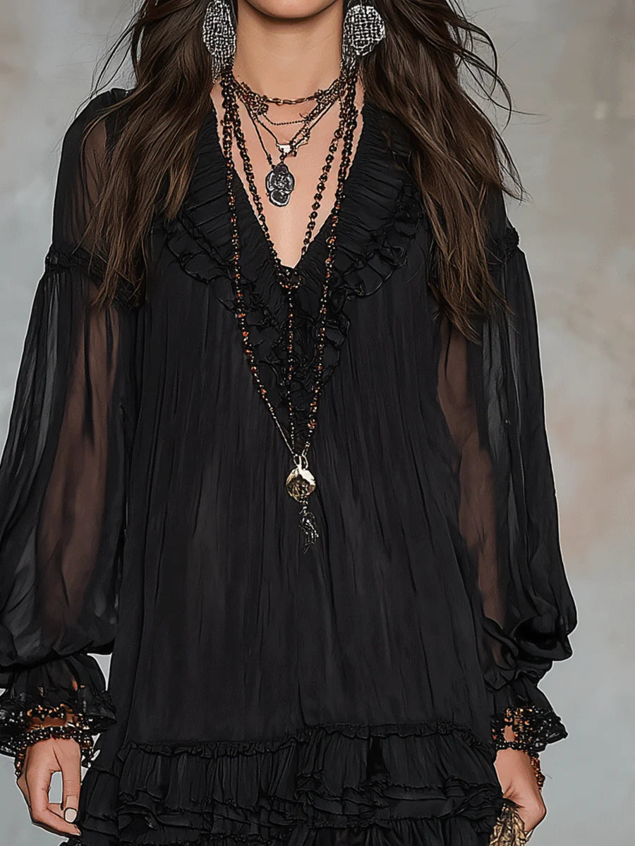 Elegant Black Chiffon Mini Dress for Women with Deep V Neck Lantern Sleeve Ruffle Casual Style