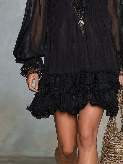 Elegant Black Chiffon Mini Dress for Women with Deep V Neck Lantern Sleeve Ruffle Casual Style