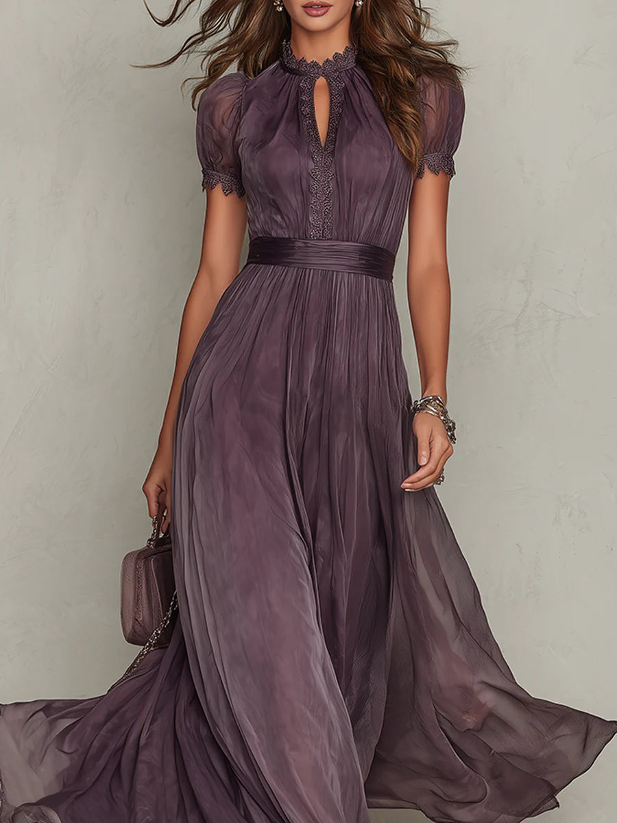 Elegant Purple Dress for Women with Keyhole High Neck Chiffon Lace Trim Maxi Dresses Formal Style