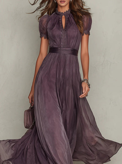 Elegant Purple Dress for Women with Keyhole High Neck Chiffon Lace Trim Maxi Dresses Formal Style