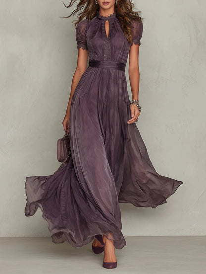 Elegant Purple Dress for Women with Keyhole High Neck Chiffon Lace Trim Maxi Dresses Formal Style