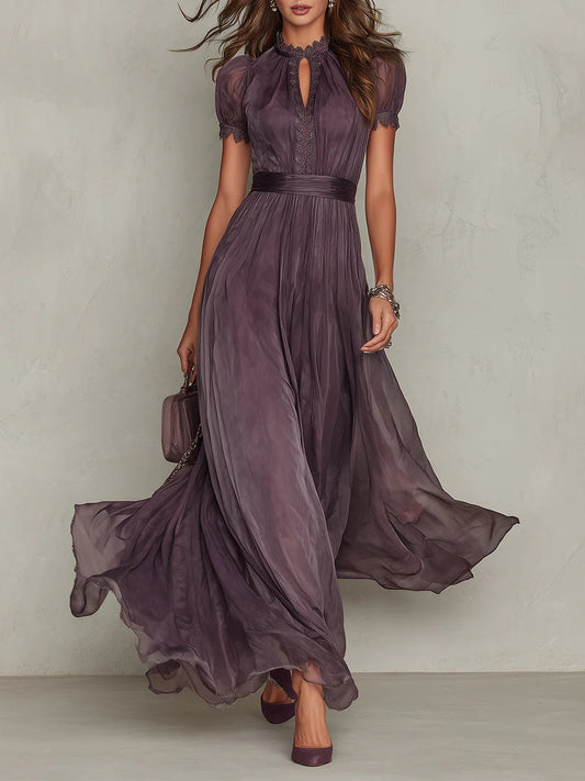 Elegant Purple Dress for Women with Keyhole High Neck Chiffon Lace Trim Maxi Dresses Formal Style