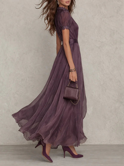 Elegant Purple Dress for Women with Keyhole High Neck Chiffon Lace Trim Maxi Dresses Formal Style