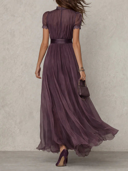 Elegant Purple Dress for Women with Keyhole High Neck Chiffon Lace Trim Maxi Dresses Formal Style