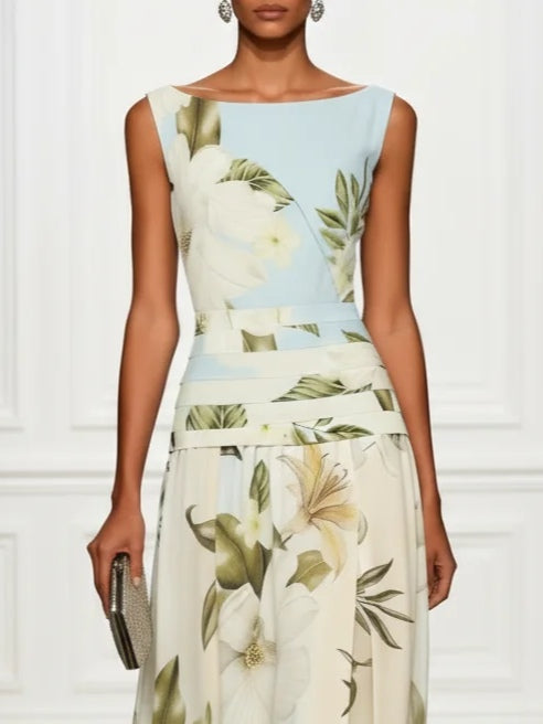 Elegant Maxi Dresses for Women with Floral Print Boat Neck Sleeveless Ruffle Waist Formal Wedding Guest Style